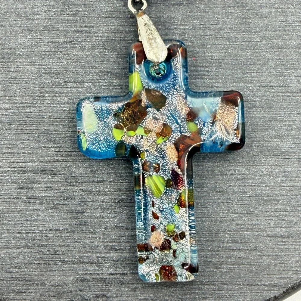 Blue Multicolor Fused Glass Cross Pendant Necklace Ribbon Cord Christian Gift